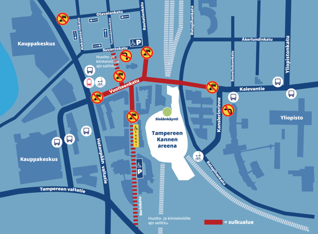 A map showcasing temporary traffic arrangements in Tampere.